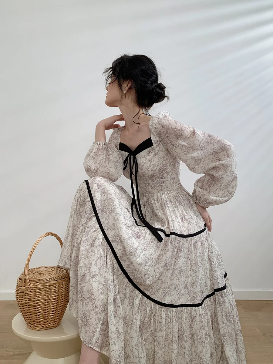 100% Pure Linen Women Sleeveless Maxi Dress Square Neck Delicate Embroidery Floral Print High Waist Holiday Long Outfit view 3