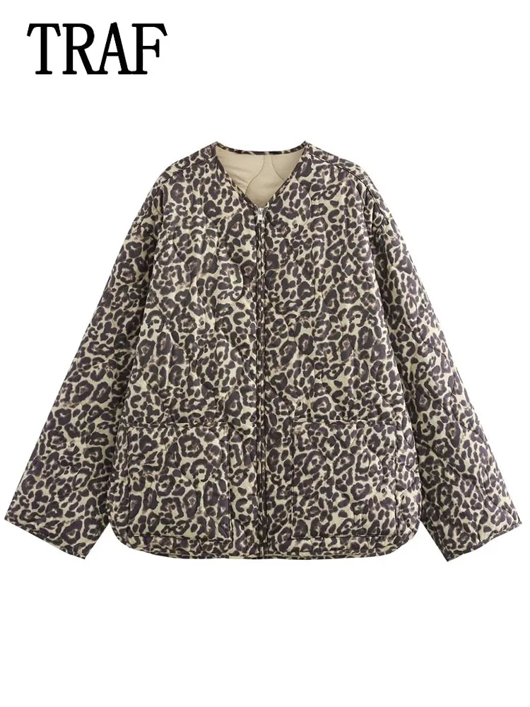 TRAF Women Fashion Leopard Print Coat Winter Cotton Coats For Women Loose Long Sleeves Pockets New in Outerwears Coat