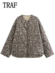 TRAF Women Fashion Leopard Print Coat Winter Cotton Coats For Women Loose Long Sleeves Pockets New in Outerwears Coat