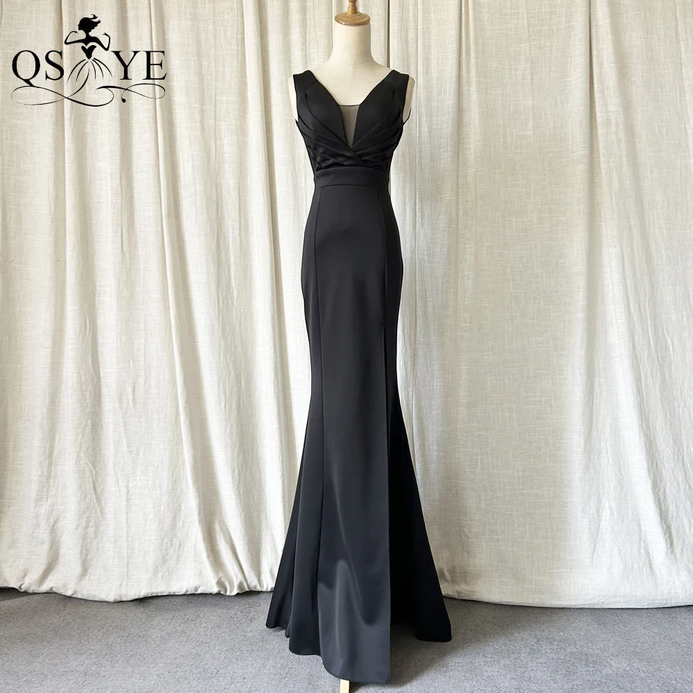 

Simple Black Evening Dresses Deep V neck Ruched Elastic Satin Formal Party Gown Sexy Open Split Backless Mermaid Prom Dress 2023