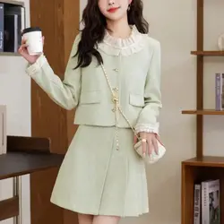 Early Spring 2024 New Elegant Tweed Two-Piece Set for Petite Women Female Office Lady: Korean Style Chic Jacket and Skirt Sweet