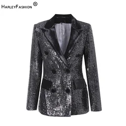 Fine Workmanship All Covered Sequins Long Sleeve Double-breasted Women Fashion Streetwear Black Blazer