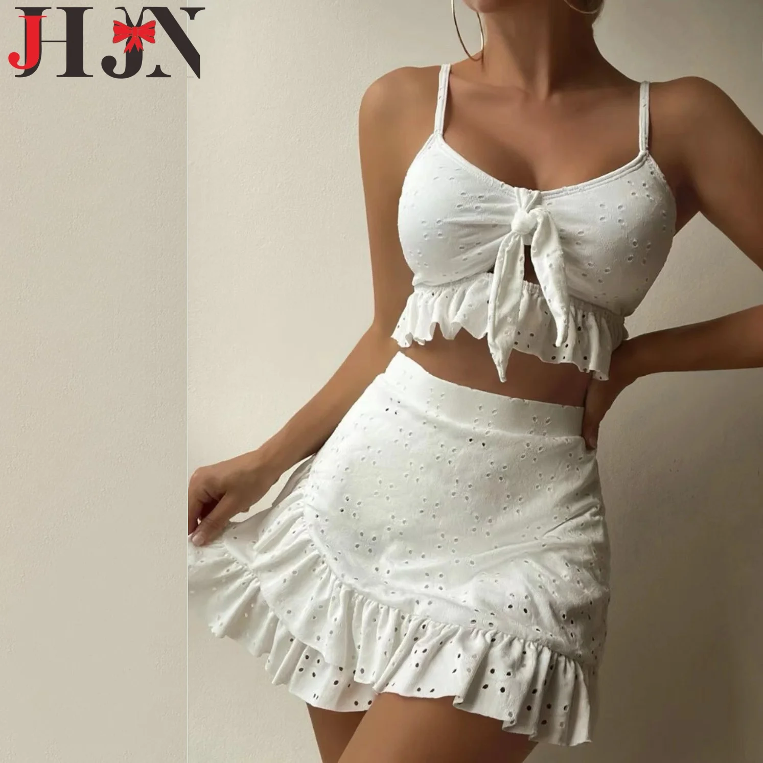 

JHJN Women'S Swimsuit Split Hip Skirt Three Piece Swimwear Bikini Outfits Halter Lace-Up Ruffles Push Up Crop Tops Bikinis Sets