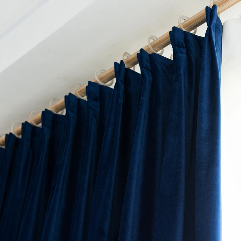 Deep Blue Silk Velvet Hanging Curtains, High-End, Monochrome, North European and American Style, Living Room and Bedroom