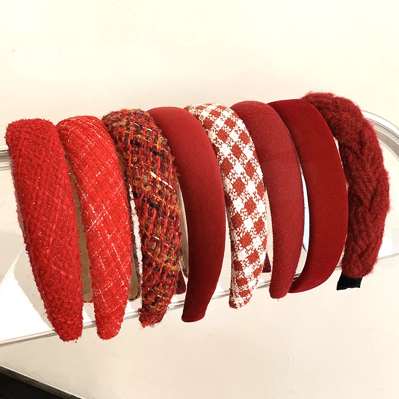 Winter Red Christmas Plaid Hairbands Knitted Widened Women New Year Headband Birthday Hair Accessories