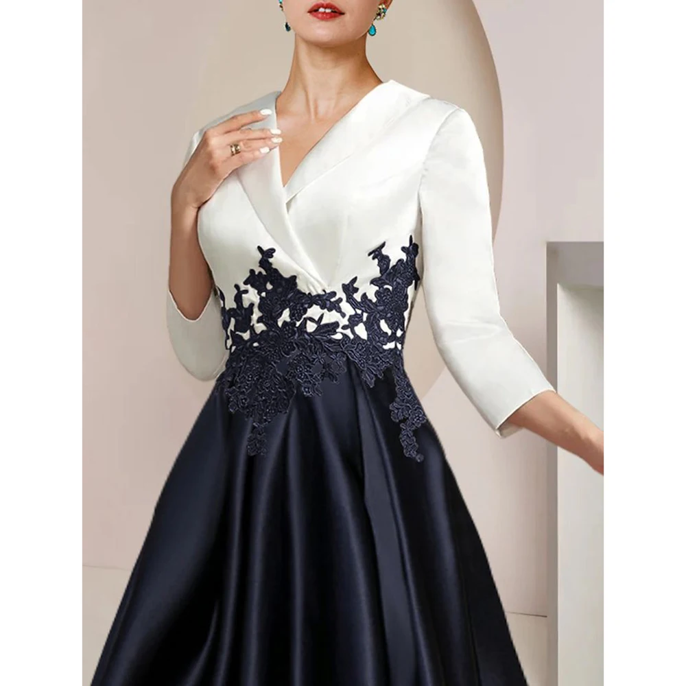 Abito da ballo bianco e blu navy Mezza manica Abiti da sera con scollo a V alto/basso Appliques Abiti drappeggiati per occasioni speciali Abiti 2025