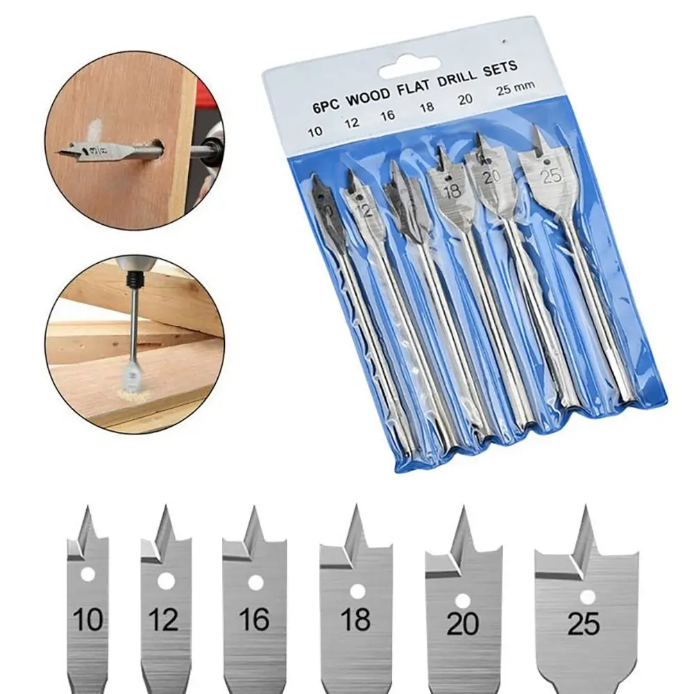 

6Pcs/Set Carbon Steel Woodworking Flat Drill Hexagonal handle 8mm 10-25mm Hexagonal Shank Flat Multifunctional