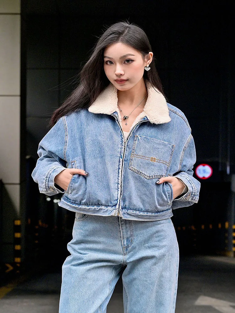 2024 fall and winter new zipper short lamb's wool lining loose denim jacket coat