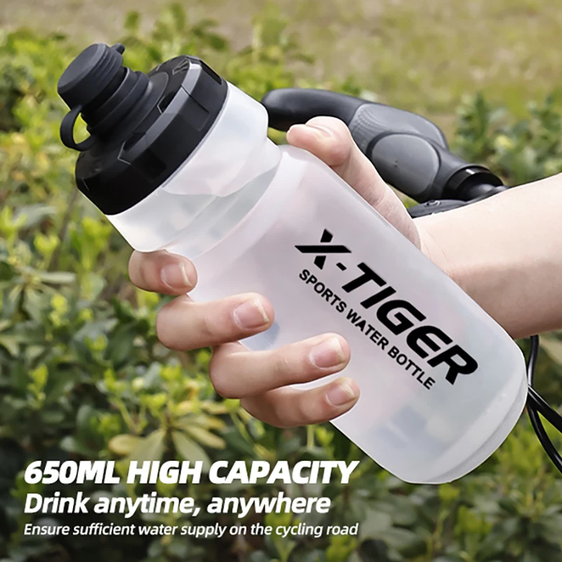 X-TIGER Bicycle Water Bottle 650ML with Cage Large Capacity Leak-Proof LDPE PP Silicone Safe Durable Materials for Bike Cycling