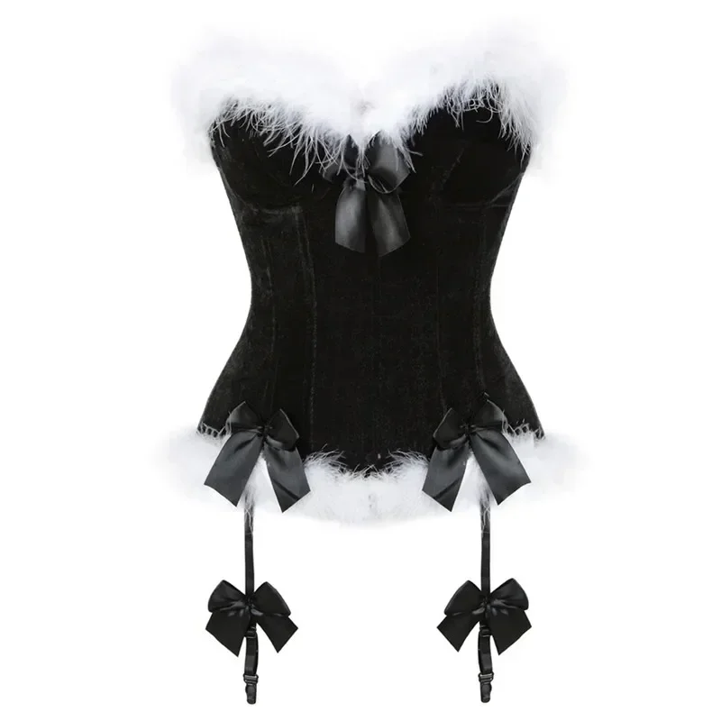 Rosso Donna Natale Costume da Babbo Natale Bustier Overbust Corsetto Top Piume Guarnizioni Corsetti Bowknot Bustier Senza spalline Gilet sexy