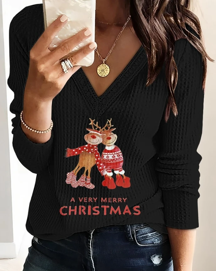 

Women's Christmas Shirt 2025 Spring Summer Latest Christmas Santa Claus Elk Print Long Sleeve Top Urban Casual V-neck Blouse