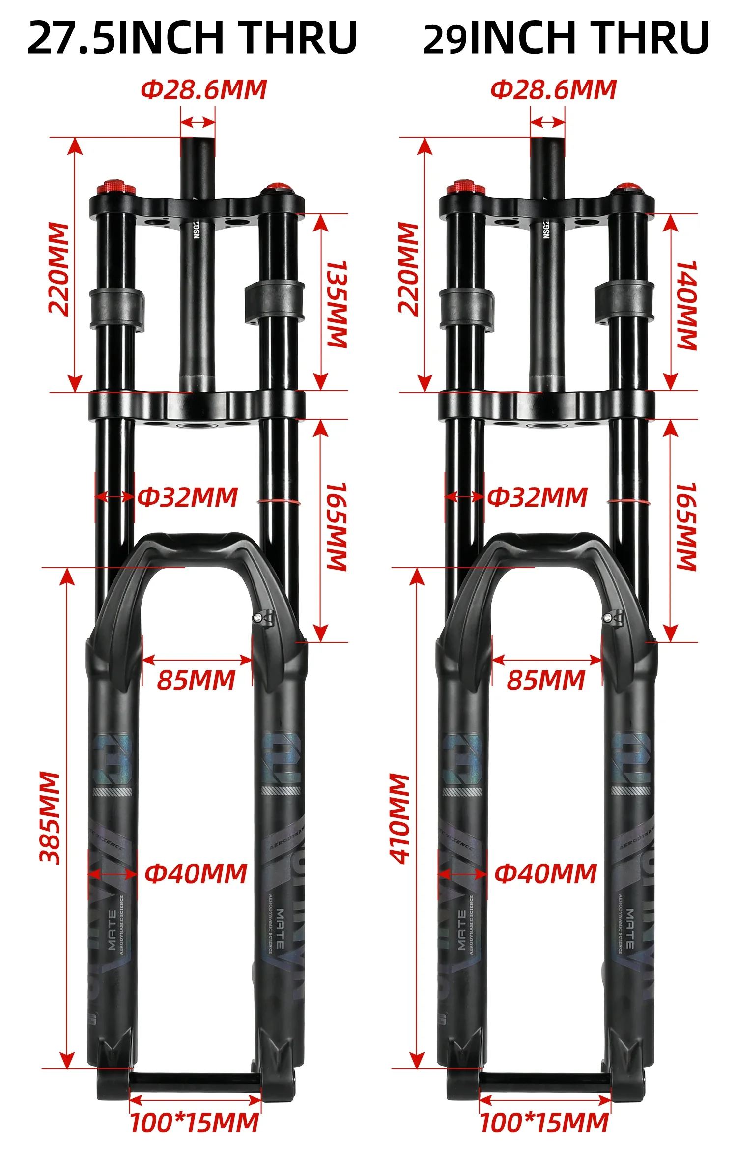 NanLio Dual Crown MTB Air Fork 27.5/29 Inch (2.5" Tire) - 150mm Travel, Rebound Adjust, 32mm 15/9x100mm for E-Bike & Downhill