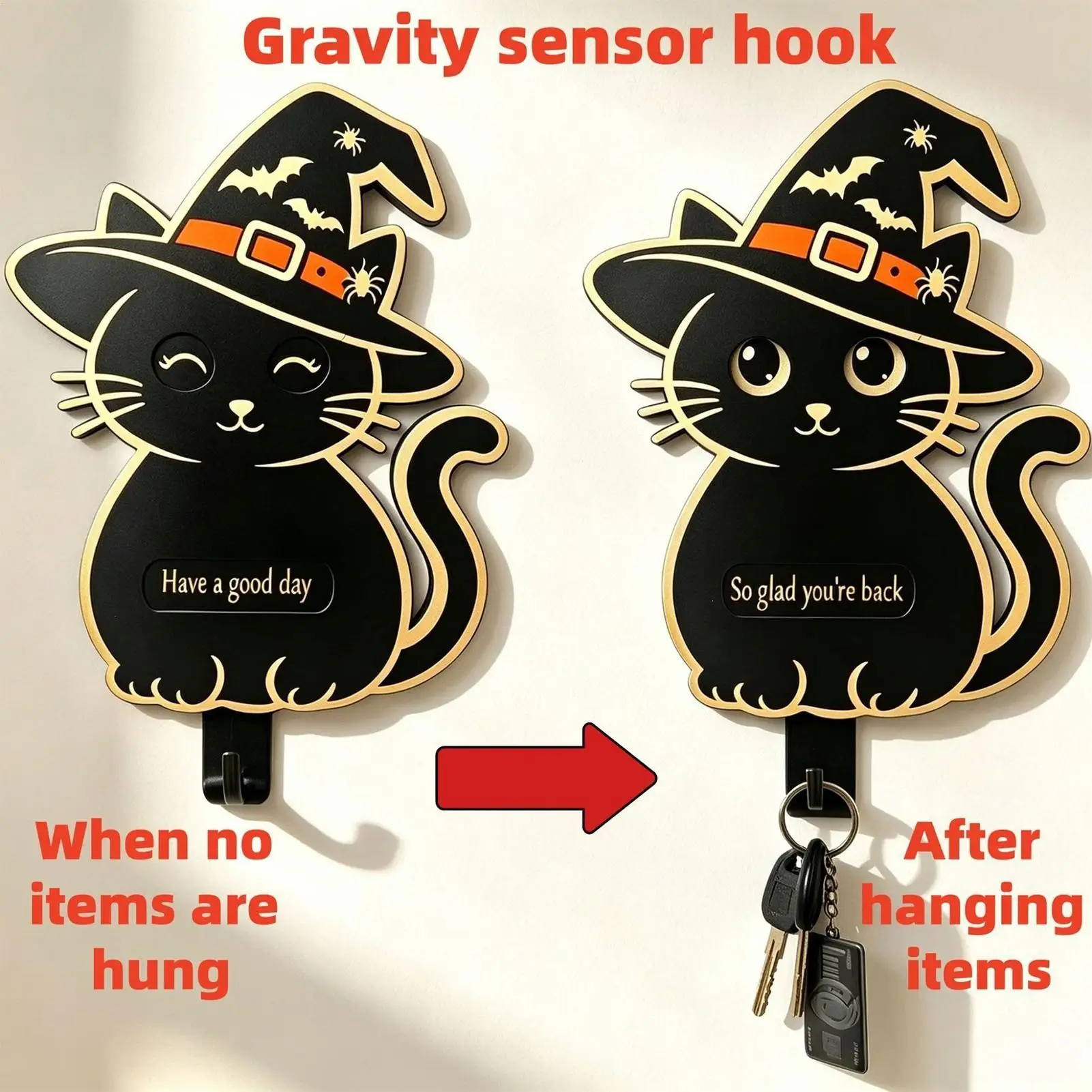 Key Hooks for Wall Witch Cat Wooden Home Decor Animal Key Hanger Wall Mount for Entryway Living Room Office Farmhouse Party