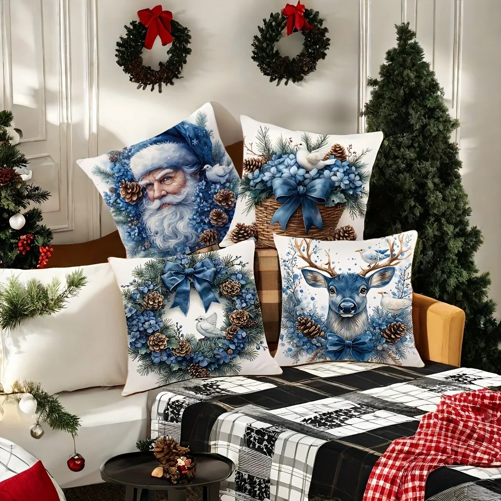 Festive Christmas Pillowcase Santa Claus and Flower Basket Pattern Living Room and Sofa Decorative Pillowcase