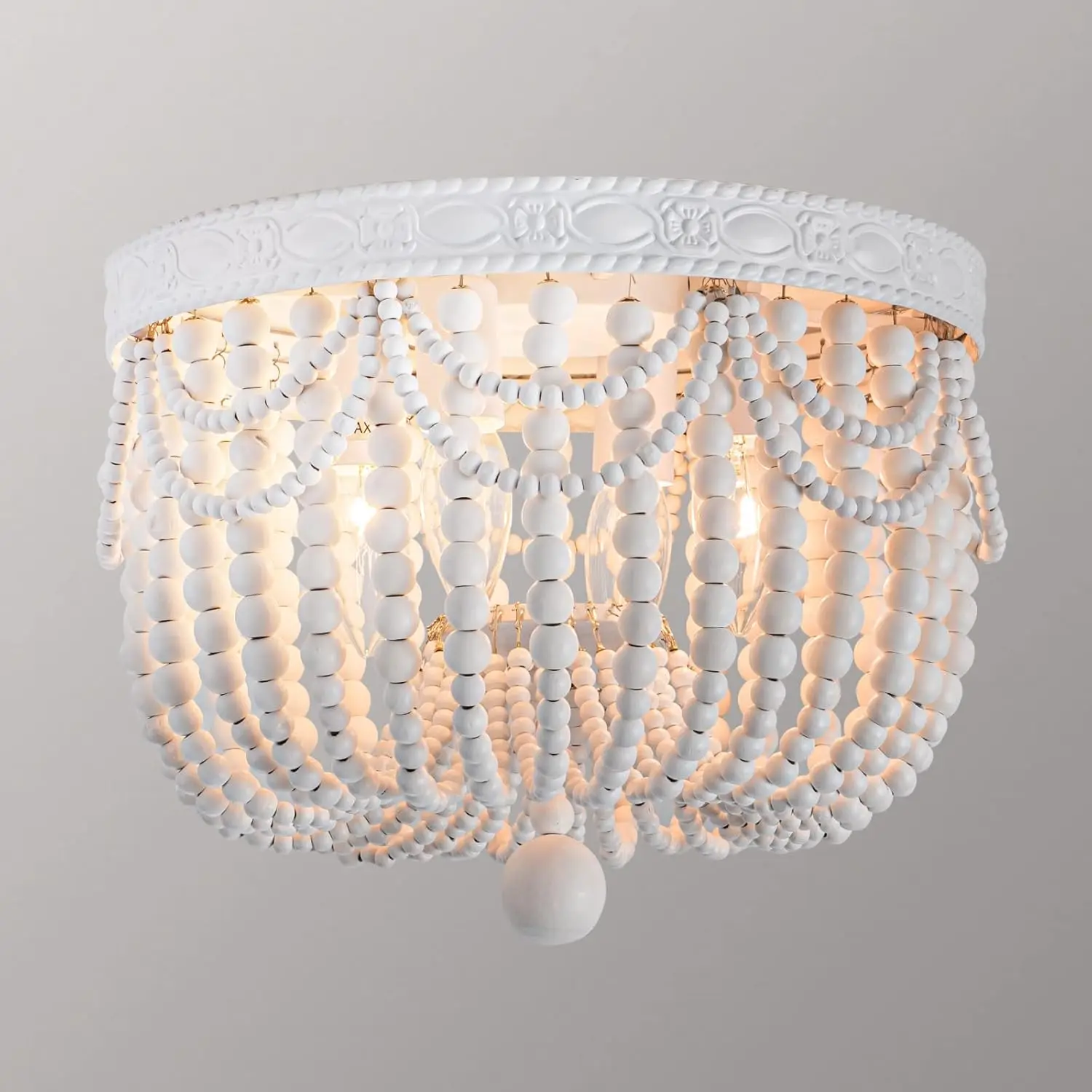 

4-Light Wood Beaded Flush Mount Ceiling Light for Farmhouse Bedroom Dining Kitchen Hallway Nursery