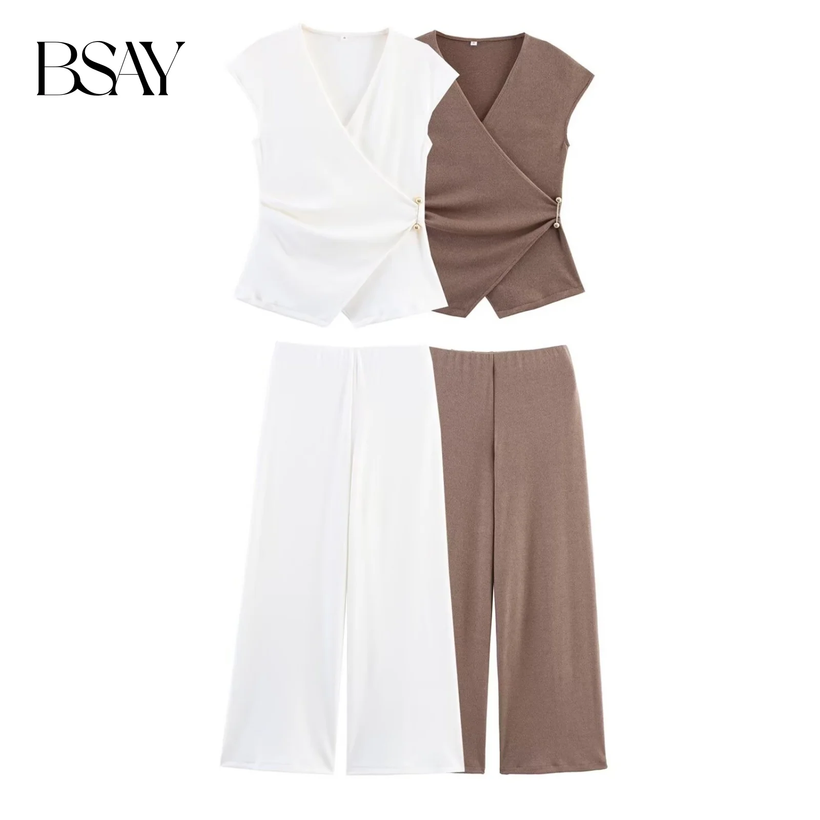 

BSAY Sleeveless Top High Waist Pants Set 2025 Summer New Style Pin Decoration Texture V-neck Top or Casual Wide Legs Pants