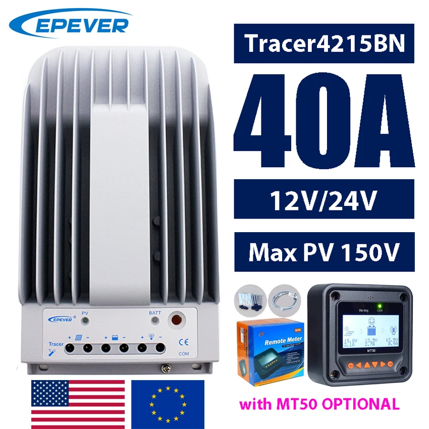 EPEVER 40A MPPT Solar Charge Controller Aluminum Case 12/24V Auto Max PV Input 150V Tracer4215BN With MT50/MT52 Monitor Optional