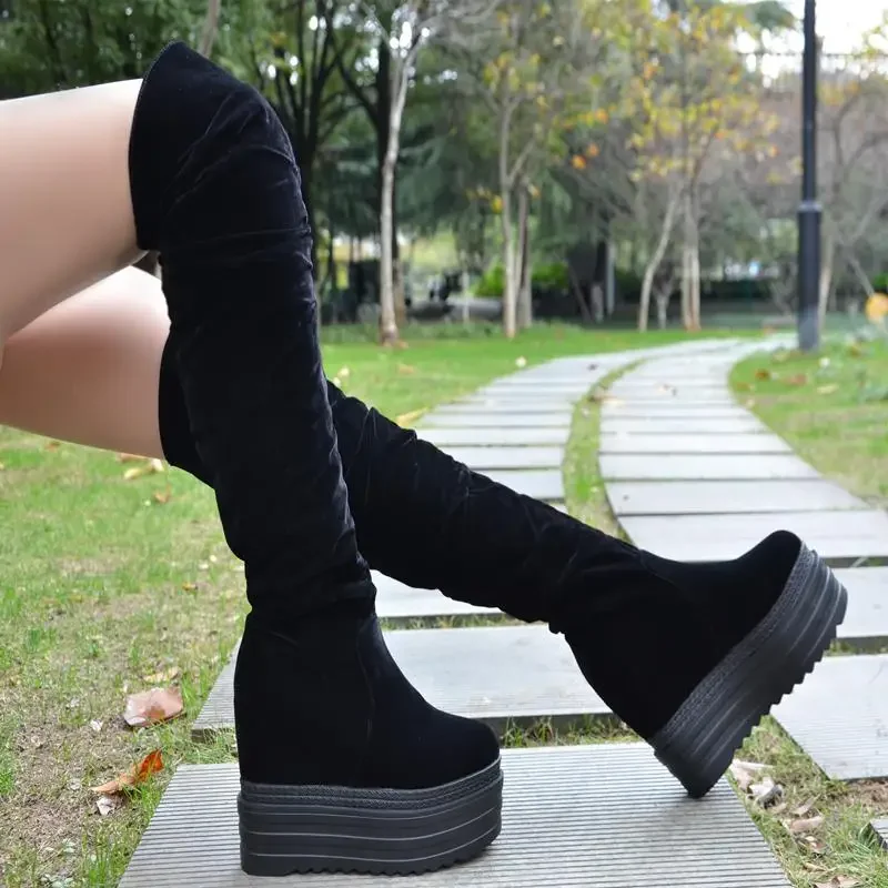 

Новинка зимы 2024, Сапоги выше колена для увеличения роста, высокие сапоги на очень высоком каблуке 15 см, женские замшевые сапоги-стрейч, сапоги на танкетке