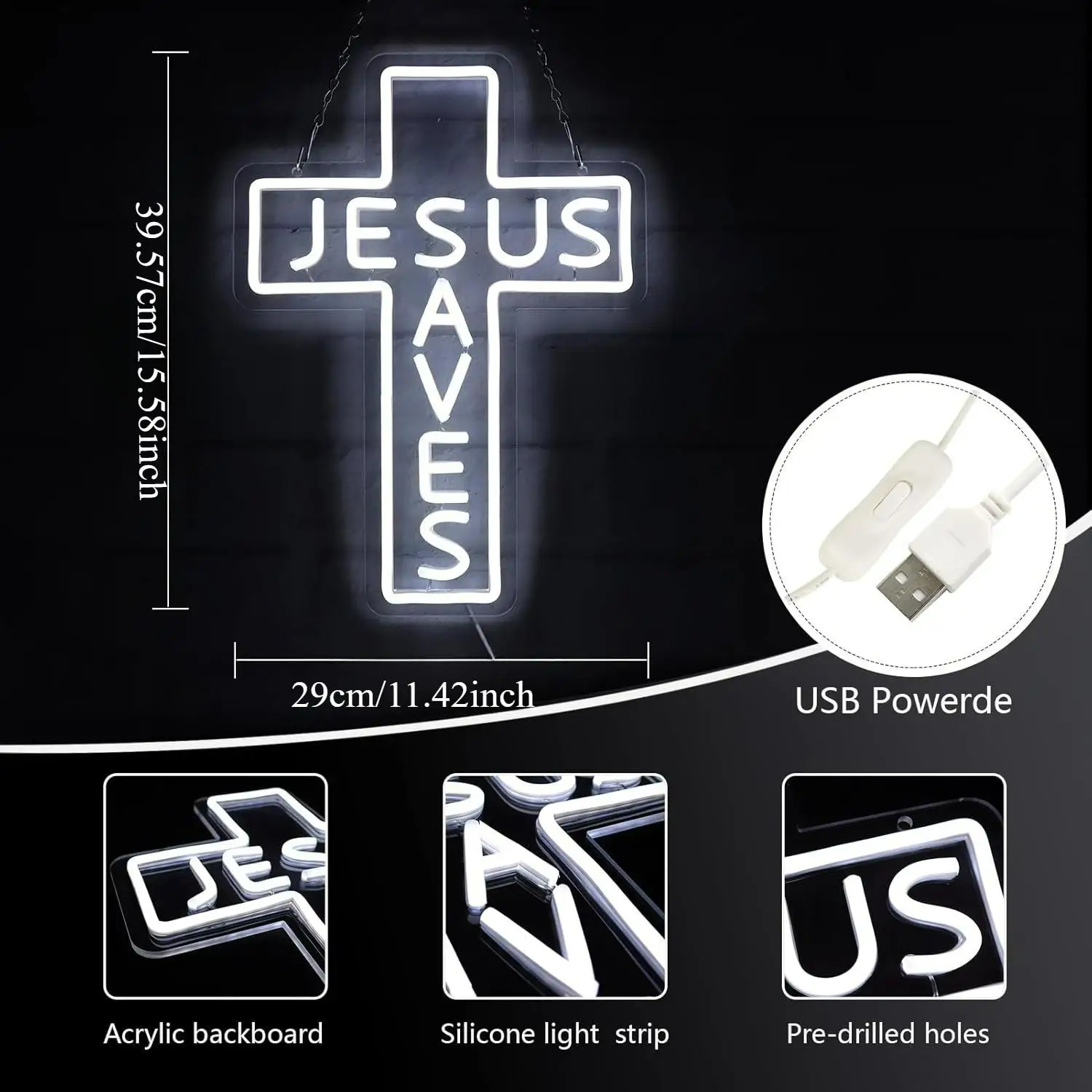 Jesus Saves Cross Neon Signs USB Dimmable LED Neon Lights for Bedroom Living Room Church Man Cave Bar Restaurant Wall Art Decor view 5