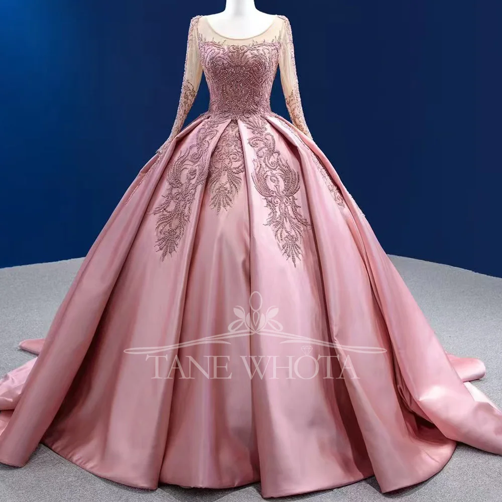 Pink O-Neck Long Sleeve Crystal Beaded Lace Up Back Prom Gown Customizable Luxury Evening Dress With Embroidery