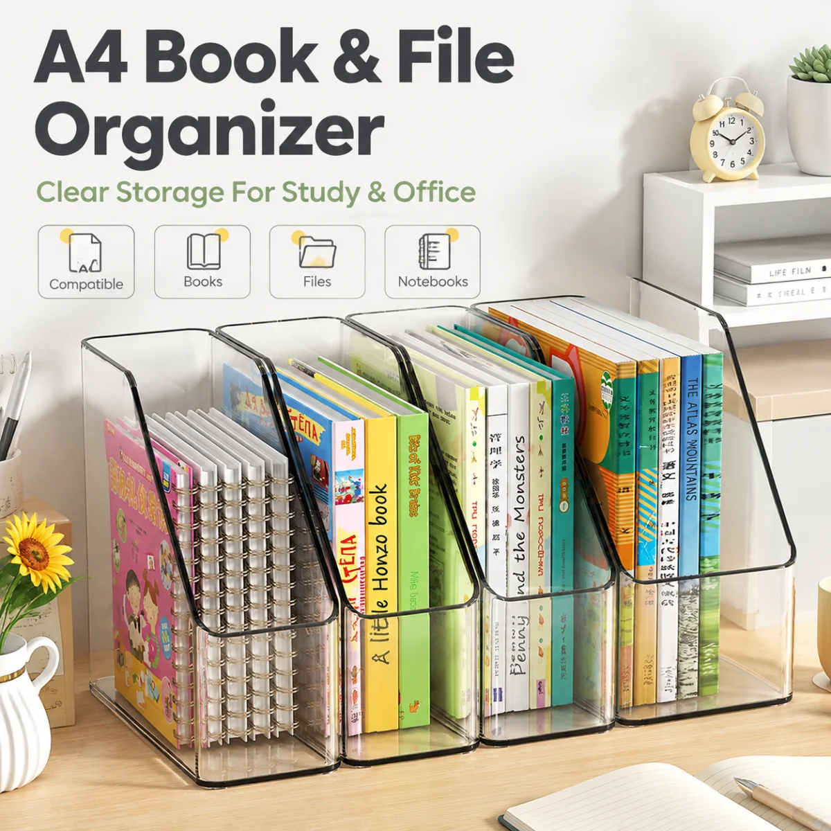 Transparent Stackable Book Holder Organizer, Vertical File Rack with Open Access for Papers & Textbooks, Space Saving Desk
