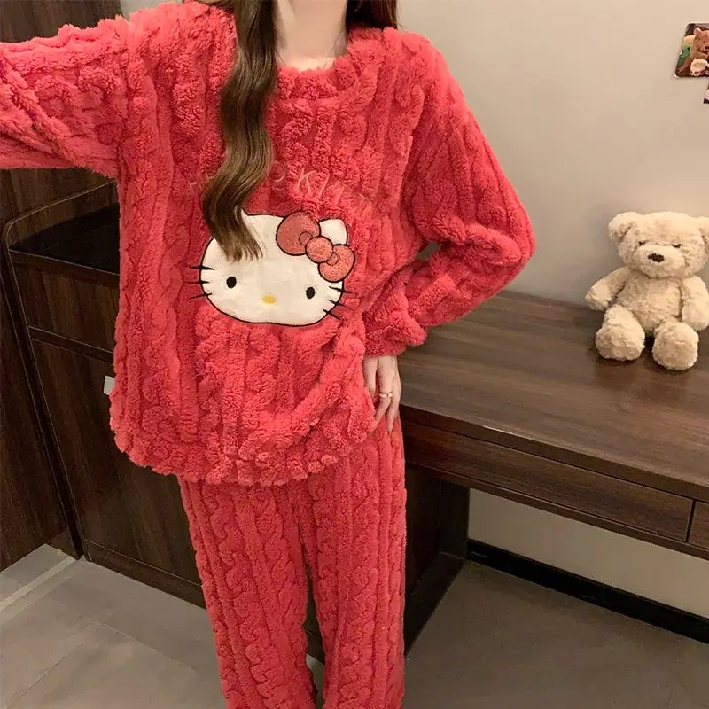 Pijamas de terciopelo Coral de Hello Kitty para niñas, Tops de manga larga, pijamas gruesos de terciopelo para otoño e invierno, pantalones cálidos para estudiantes, ropa para el hogar