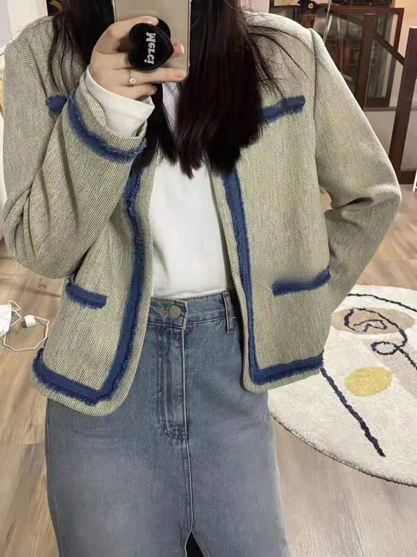 

Handmade Denim Frayed Edges Short Coat Korean Style Commute Straight Tube Pocket Single Piece Regular Thickness Long Sleeve
