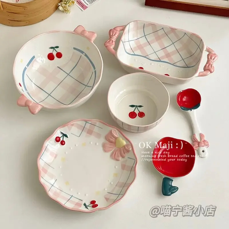 Instagram Cherry Plate Home Vegetable Plate Breakfast Plate High Beauty Dessert Cute Ceramic Tableware Flat Dish Set Decoration