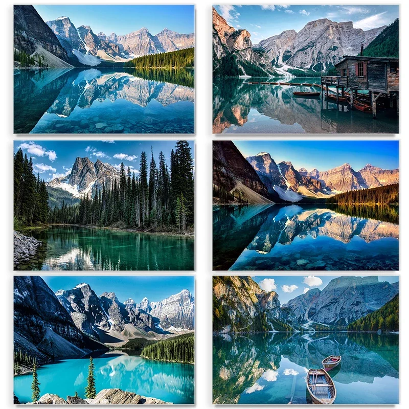 Póster de paisaje hermoso de montaña en el lago, pintura en lienzo de paisaje de barco marino, arte de pared para decoración del hogar y la sala de estar