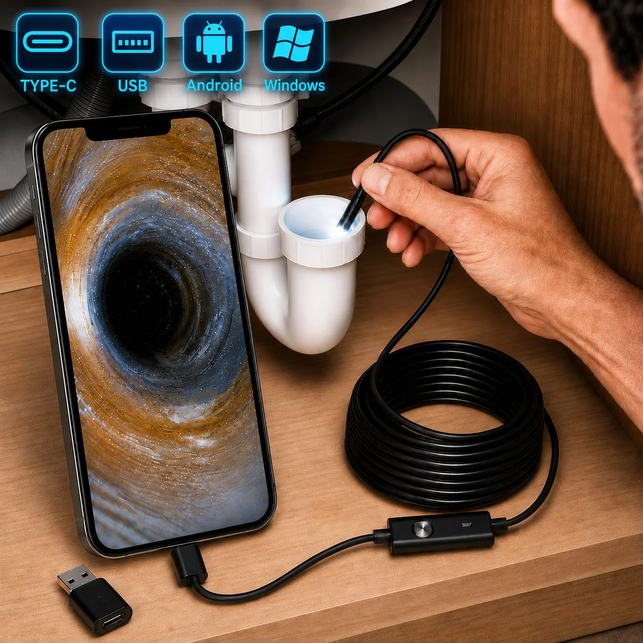 7.0MM TYPE-C Endoscope Camera IP67 Waterproof 6 LEDs Adjustable USB Android Flexible Inspection Borescope Cameras for Phone PC