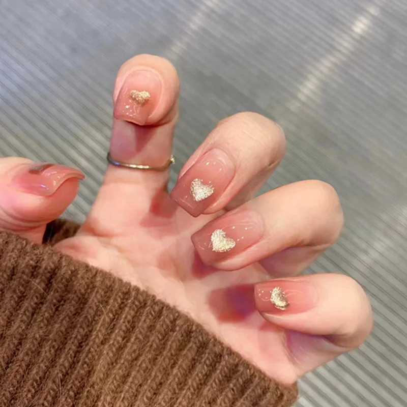 

24PCS Pink Ombré Press-On Nails – Medium-Long Square Shape With Gold Glitter Hearts (Dazzling Minimalist Romance)