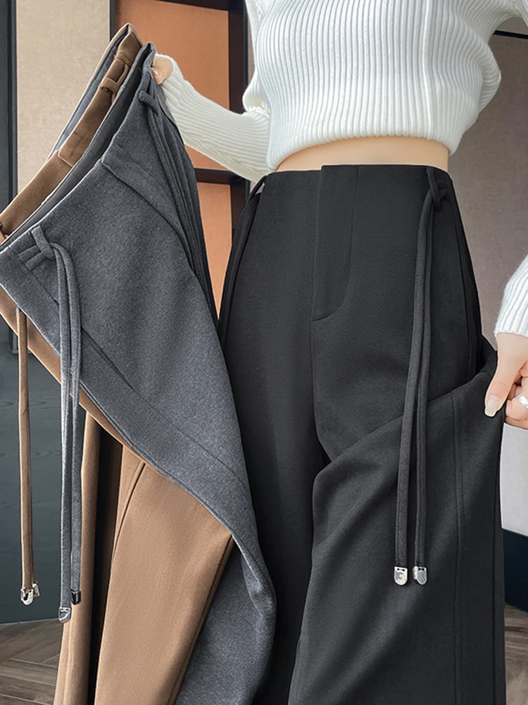 

High Waist Fce Lined Wide Leg Pants Straight Cut Floor Length Casual Trousers for ort Women Autumn Winter New Sle