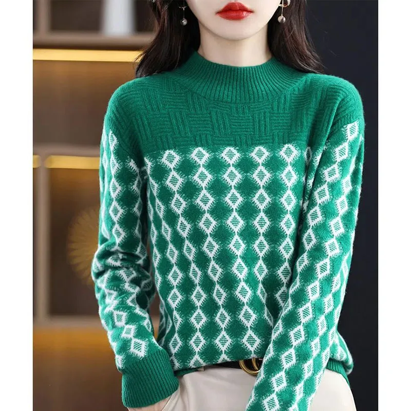 New Autumn Fashion Trend Fireworks Plaid Jacquard Half High Collar Colored Versatile Loose Relaxed Slim Style Women\'s Sweater