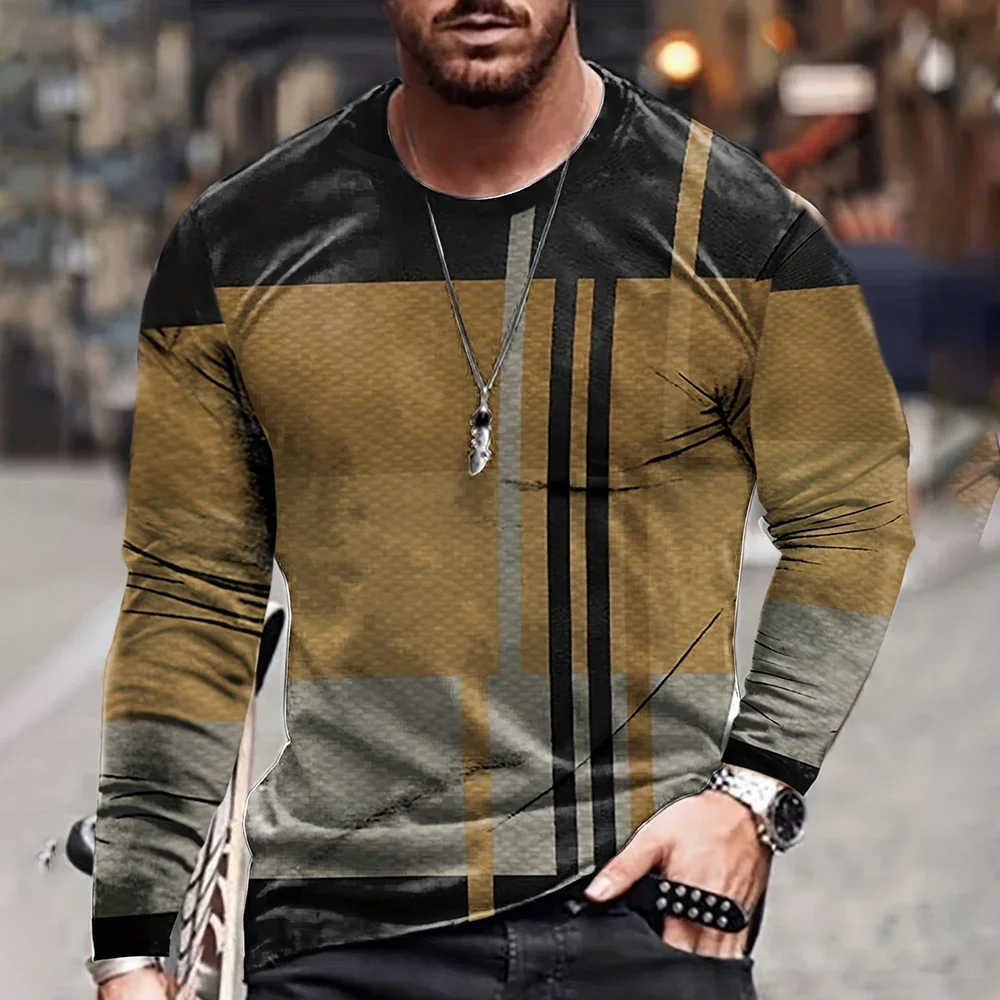 

Retro Color Blocking Three Dimensional Printing Men Fall And Winter Loose Round Neck Longsleeved Casual Shirt Oversized Clothing