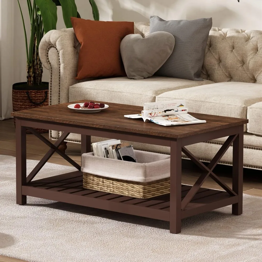 Coffee Table, Rustic Vintage Farmhouse Living Room Table with Shelf