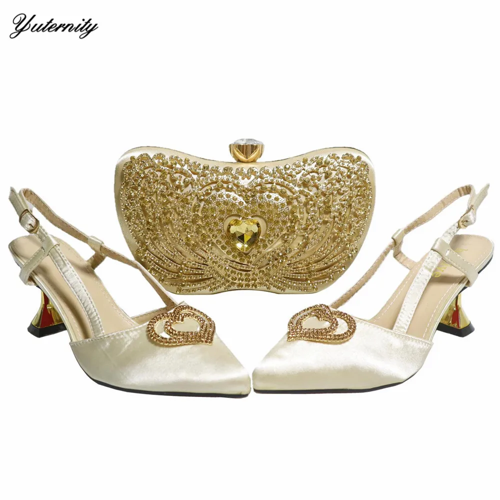 Summer Fashion Gold Color Shoes And Purse To Match Set Nigeria  Style PU With Stone Pumps Shoes And Bag Set For Occasion