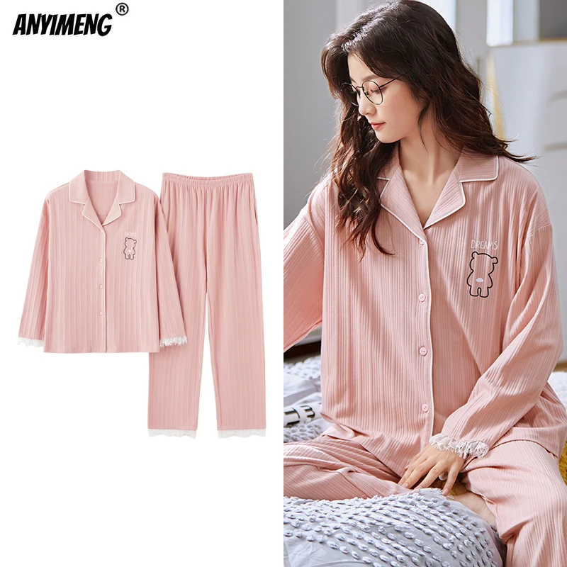 

New Autumn Winter Solid Soft Cotton Sleepwear Pink Simple Fashion Pajama Set for Women 2023 Kawaii Loungewear for Youth Girls