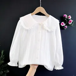 Kids White Shirts for Girls Blouses Summer School Uniform Outfits Cotton long Sleeve Teens Children Clothes 4 6 8 10 12 13 Years