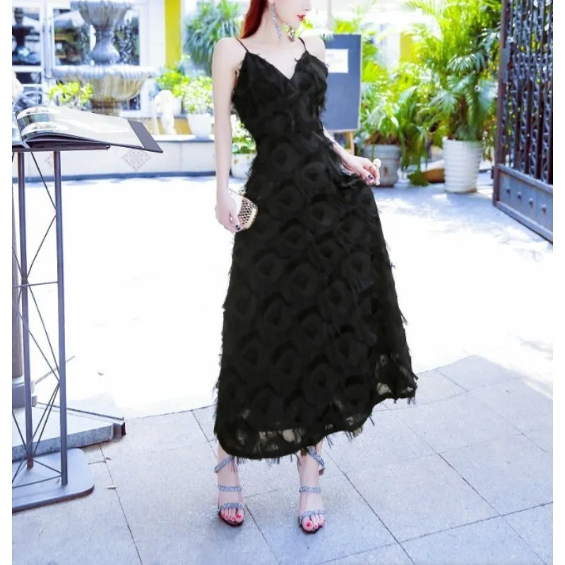 Elegant Black Loose Evening Gown with Strap Birthday Party First Love Reunion Polyester Fabric A-Line Skirt Long Dress