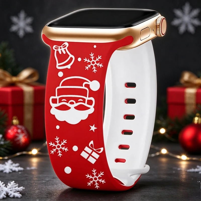 Christmas Engraved Strap For Apple Watch Band 45mm 44mm 46mm 42mm 49mm Silicone Correa Bracelet Series 12 11 10 9 8 7 6 Ultra 4