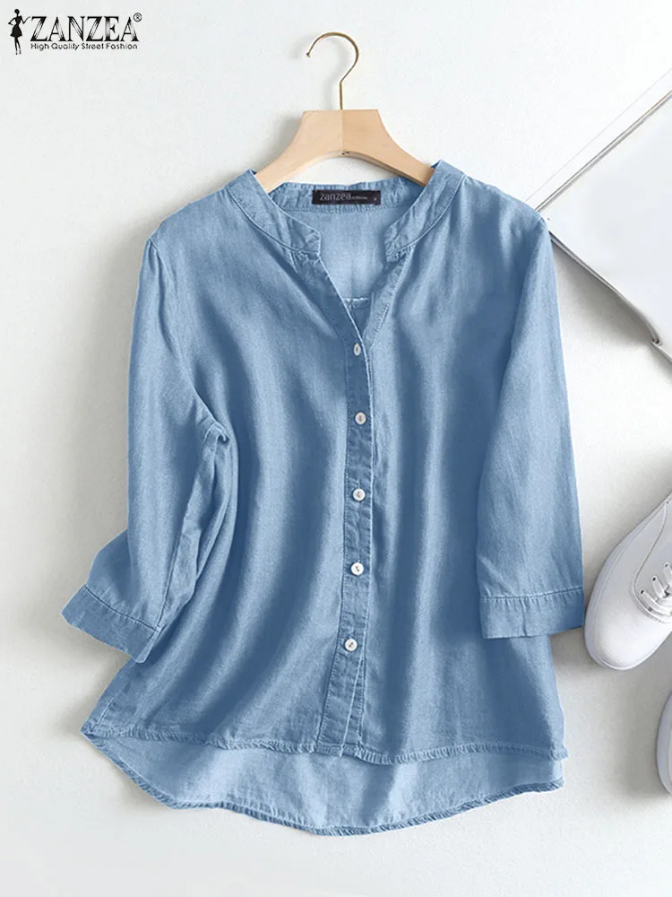 ZANZEA Denim Blue Fashion Blouses Women Solid Color Button Up Casual Chemise 3/4 Sleeve O Neck 2024 Summer Work Wear Shirts