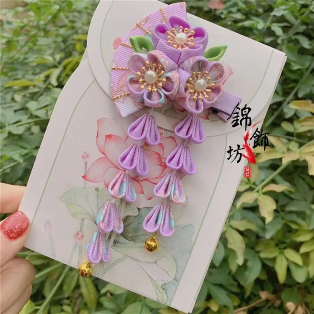กิ๊บติดผมพู่ห้อยสวยงาม ลายซากุระ ผ้าคลุมผมสไตล์ญี่ปุ่น ชิ้นงานตกแต่งผมดอกไม้สไตล์โบราณ สำหรับสาวๆ