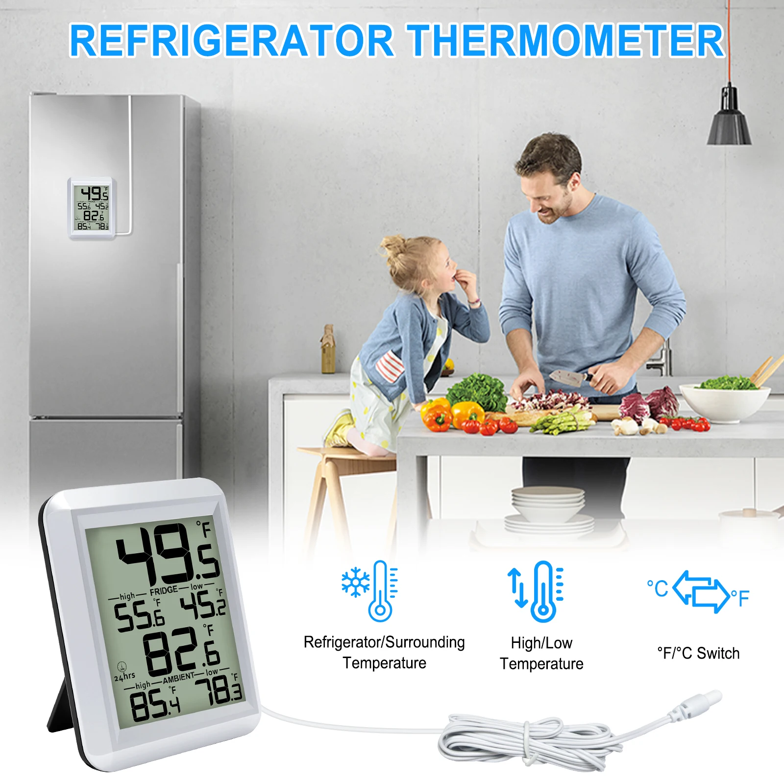 Refrigerator Freezer Thermometer Digital Indoor/Outdoor Temperature Monitor with Probe LCD Display °C/°F Selectable