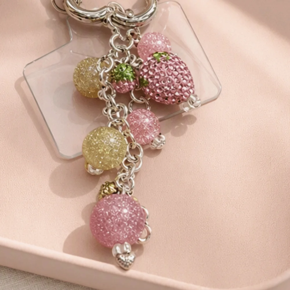 Cute Alloy Strawberry Keychain Sparkling Bead Phone Charm Pink Flower Hardware Bag Charm Daily Use