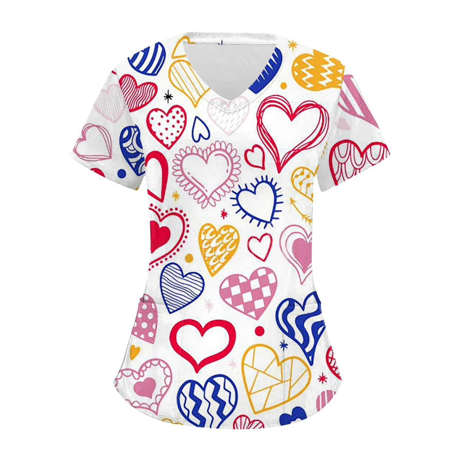 European and American women's nursing uniform Valentine's Day love 3D printed short sleeved V-neck casual nursing work uniform