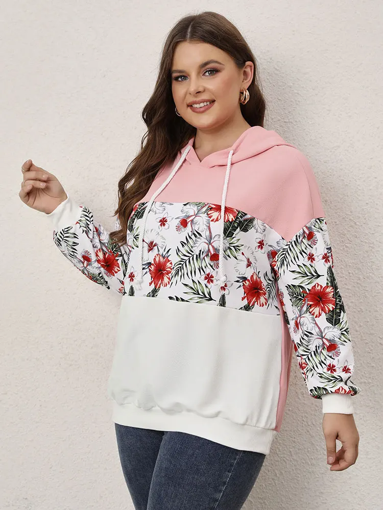 Polyester Hoodies and Sweatshirts with Drawstring, Luxury Female Clothing Mixed Colors Floral Graphic Plus Size Autumn and Winte