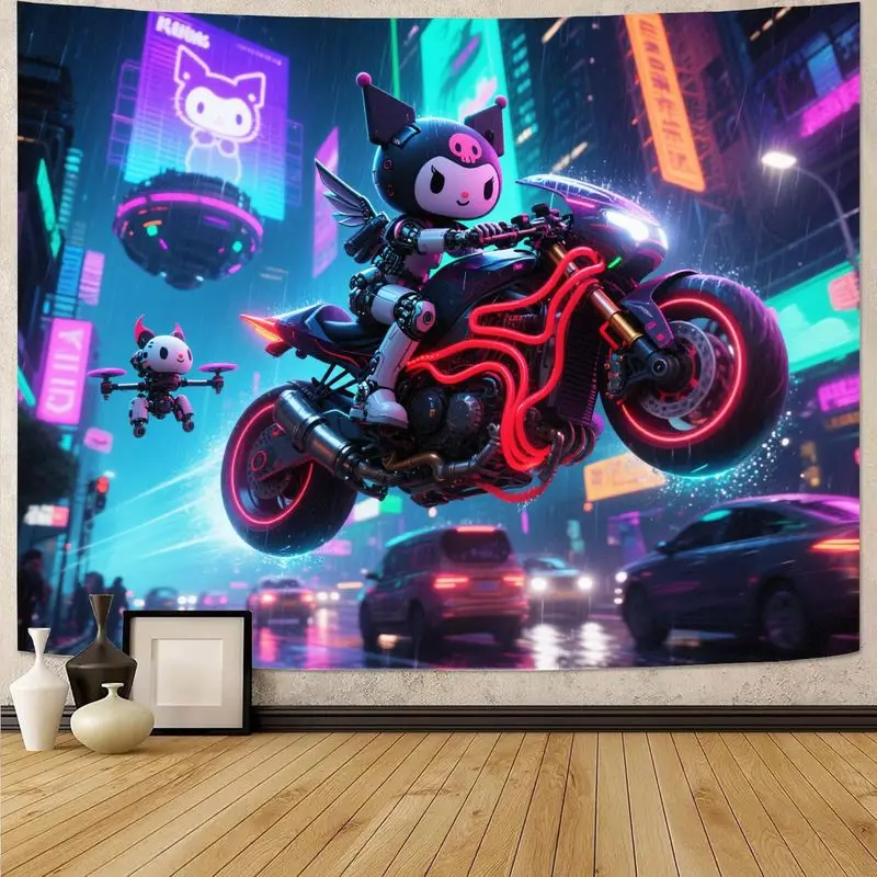 

1PC Sanrio Kuromi Cyberpunk Motorcycle Tapestry Neon City Wall Art Modern Aesthetic Room Decor Gamer Gifts Polyester Bedroom Dec