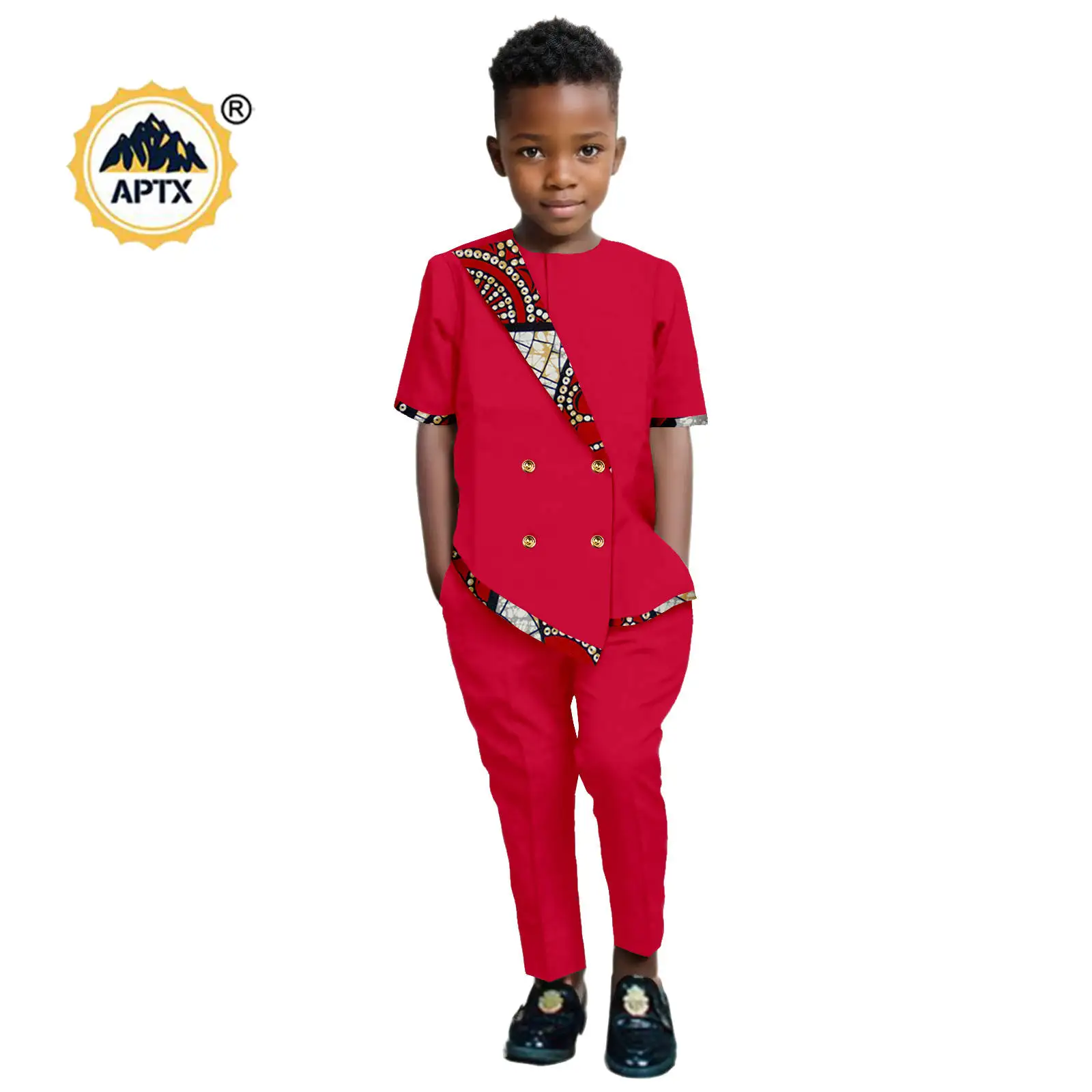 African Boy Outfit Bazin Riche Print Short Sleeve Asymmetrical Top and Pant 2 Pieces Sets Dashiki Chirdren Party Suits Y234009