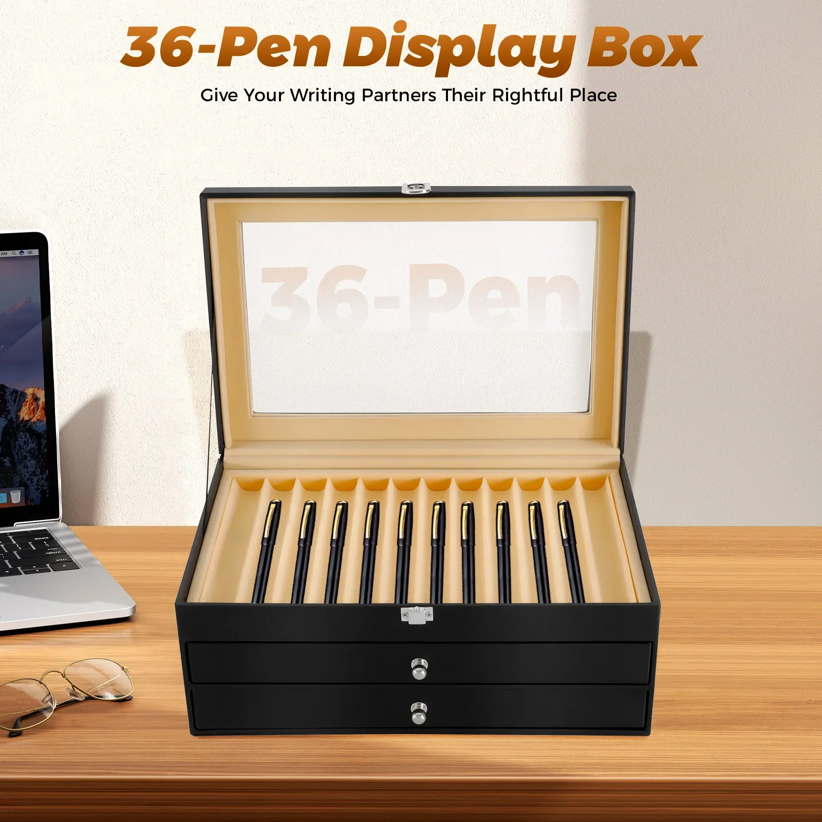 

3-Tier Glass Pen Display Box with Velvet Lining 36-Slot Desktop Organizer for Collectors & Writers (Black, 30.5x20x13.5cm)​