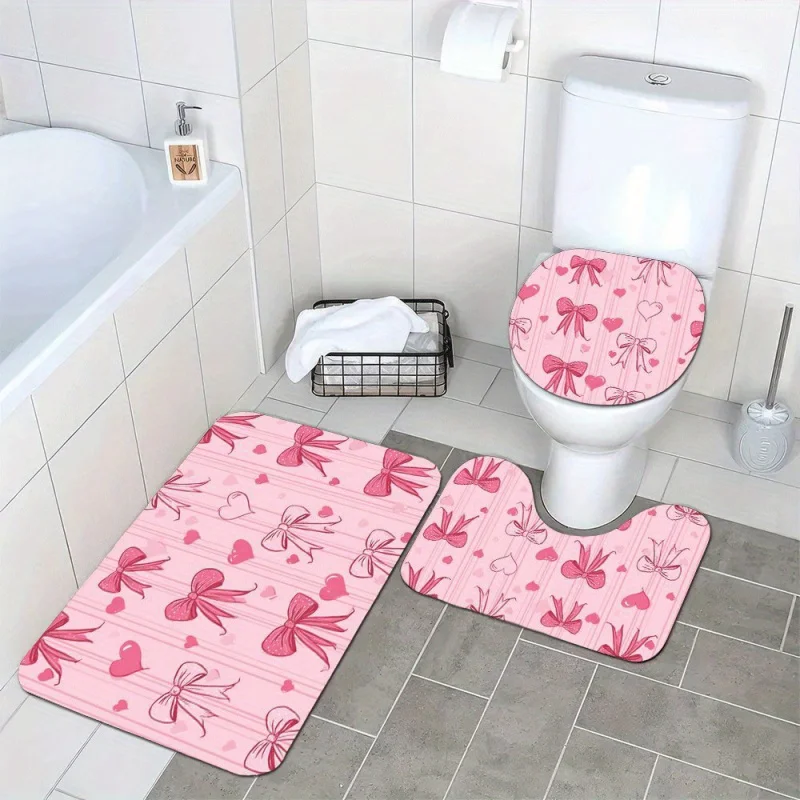 VIKAMA Bow And Heart Bathroom 3 Piece Set Girls Pink Style Non Slip Absorbent Mat For Home Toilet Bathtub Bathroom Decor Set